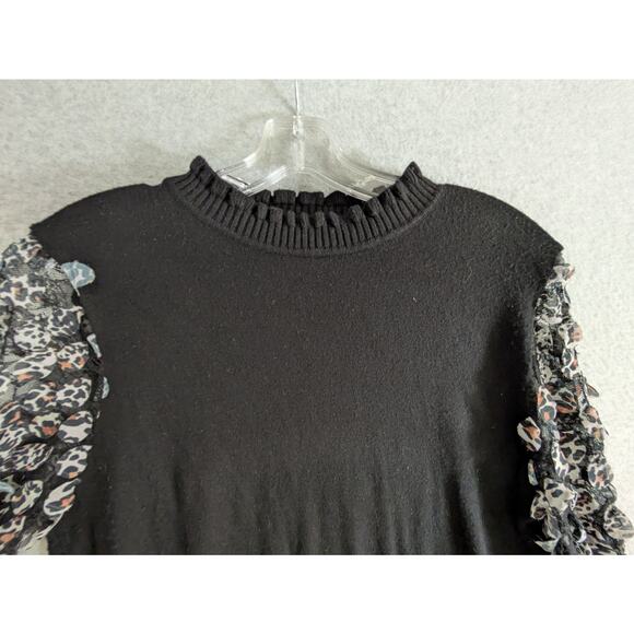 Sioni Milano Sweater Women L Leopard Ruffle Mock Lace Long Sleeve Pullover Black - Picture 6 of 9